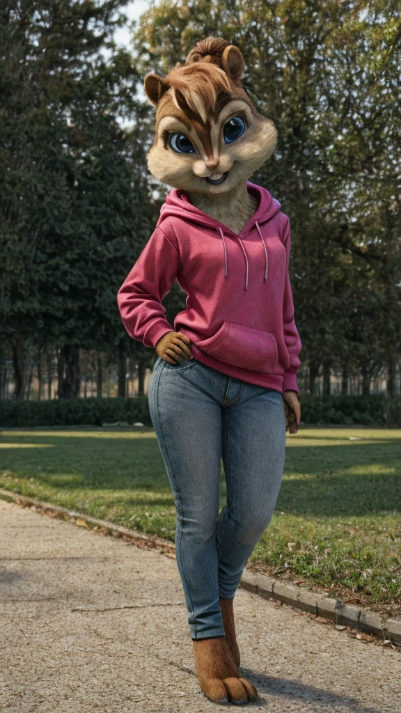 score_9, score_8_up, score_7, score_6, park, brittany miller, chipmunk, furry, short ears, pink hoodie, jeans, standing, looking at viewer, 6 inches tall