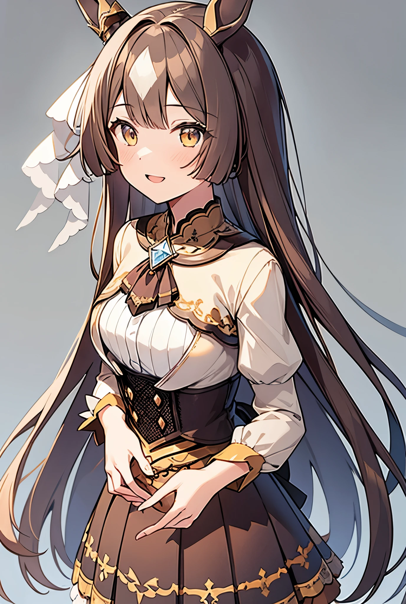 One girl, Alone, Long Hair, chest, Open your mouth, smile, Brown Hair, Simple Background, ribbon, Animal ears, High resolution, masterpiece, high quality, Textured skin, High detail, Big chest, Horse ears, Character portrait, anime, 非常にBig chest, Perfect hands, Look at, Brown Hair, Character portrait, Horse Girl,