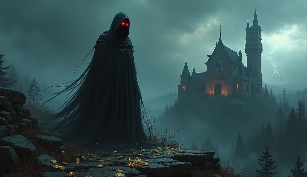 horror , you sang , skulls , black flowers , lightning , a dark night , haunted trees , a horrifying castle , a clock , evil creatures , a dog has three heads