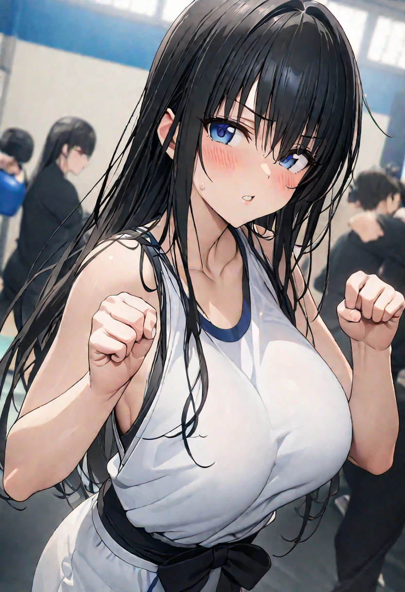 ((masterpiece,Best Quality,8k,Ultra-high resolution)),  1 person　、Adult women in their 20s　,  Momo Juvenile Deviluke,                                     View your viewers　、　blush        、Squint your eyes　、   Black Hair　,   Long Hair　　、Wave Roll　、　Blue eyes   　     　、                           The body is slim,   Big Breasts　　、　karate衣装　、　karate　、　Fighting Pose　、　gym