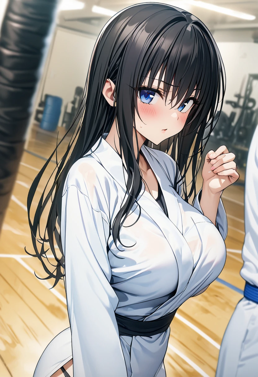 ((masterpiece,Best Quality,8k,Ultra-high resolution)),  1 person　、Adult women in their 20s　,  Momo Juvenile Deviluke,                                     View your viewers　、　blush        、Squint your eyes　、   Black Hair　,   Long Hair　　、Wave Roll　、　Blue eyes   　     　、                           The body is slim,   Big Breasts　　、　karate衣装　、　karate　、　Fighting Pose　、　gym