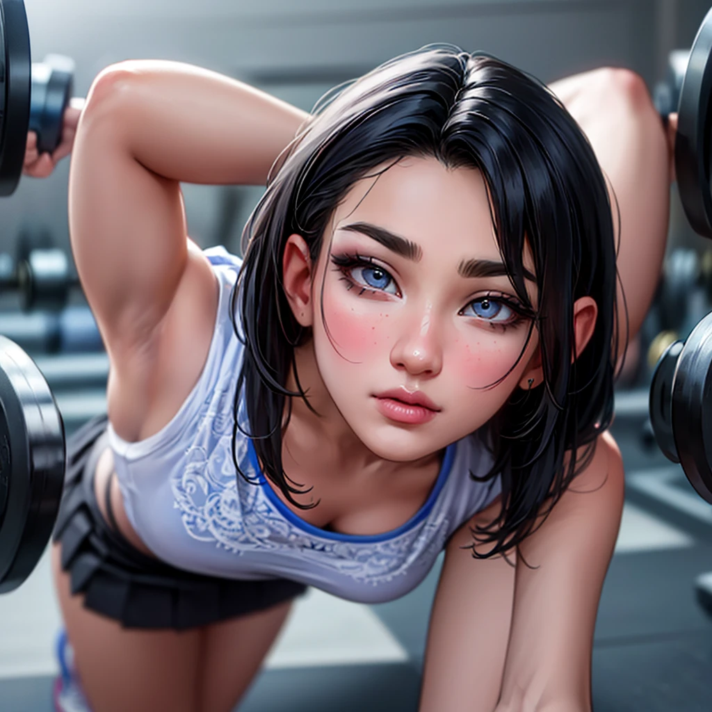 A beautiful Korean (8k, HDR, UHD, expressive eyes, extremely intricate details,  hyper-realistic,  high quality). In a short black skirt (intricate details),  a very sensual transparent top( intricate details), flowing black hair, makeup (intricate details).at the gym working out (intricate details). He&#39;s working out his legs (hyper-realistic, intricate details).her short skirt shows her transparent panties while she is working out her legs showing the entire contour of her vagina(intricate details, extremely detailed). The young woman shows all her sensuality and youth (intricate details). She is sweating and her top is wet showing the full outline of her breast (intricate details, hyper-realistic, extremely intricate details). Style "Anime 8K" (extremely intricate details), HDR, UHD, full body (hyper-realistic, extremely intricate details, background ( vibrant colors, intricate details, extremely detailed, incredible details,  32K), expressive eyes (intricate details, bright), detailed character illustrations (intricate details), photorealistic, intricate details, hyper-realistic,extremely intricate details, highly detailed, vibrant colors. 