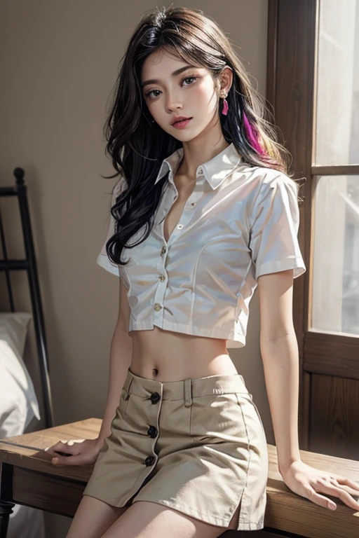 Top quality, RAW Photo, Highest Quality Image, 16K, Full body, Age 22, Realistic, Photorealistic,  Beautiful Asian woman, Sexy, body, White pale skin, ((( Multicolor Hair ))), ((( Short and wavy hairstyle ))), Modern hairstyles, Detailed face, Detailed body, Detailed skin, Double eyelids, Very Big eyes, long eyelashes, bright eyes, green eyes, natural lips, detailed lips, ((( Very Small breasts, Flat Breasts ))), posing in bedroom studio, sunny day light,  ((( wearing White Short sleeves Shirt, black short skirt ))),  ((( All Buttons are Unbuttoned ))), no bra, ((( piercings ))), ((( piercing bellybutton with jewelry )))