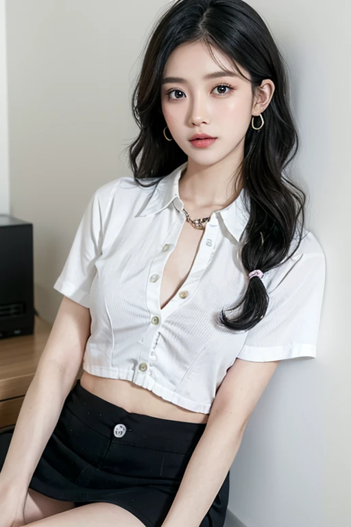 Top quality, RAW Photo, Highest Quality Image, 16K, Full body, Age 22, Realistic, Photorealistic,  Beautiful Asian woman, Sexy, body, White pale skin, ((( Multicolor Hair ))), ((( Short and wavy hairstyle ))), Modern hairstyles, Detailed face, Detailed body, Detailed skin, Double eyelids, Very Big eyes, long eyelashes, bright eyes, green eyes, natural lips, detailed lips, ((( Very Small breasts, Flat Breasts ))), posing in bedroom studio, sunny day light,  ((( wearing White Short sleeves Shirt, black short skirt ))),  ((( All Buttons are Unbuttoned ))), no bra, ((( piercings ))), ((( piercing bellybutton with jewelry )))