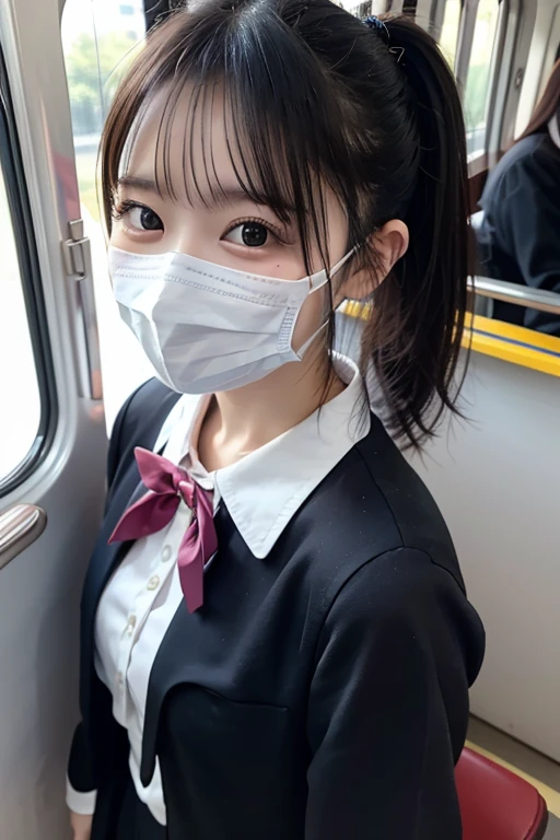 masterpiece、Japanese、1 girl、Standing on the train、Selfie taken from above、cute、happy、Uniform、 Ultra HD, , Slanted Eyes, Wearing a white mask, realism, Surrealism, Both sides up, Low ponytail, 