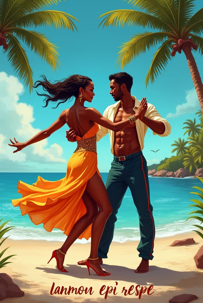 Deux joueurs de capoeira, ils sont noirs, il y a des joueur de gros tambour Digital art, cartoon graphism. La scène se passe dans la caraïbe le soir, au clair de lune