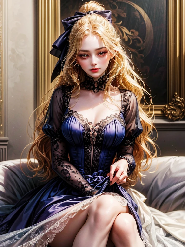 Solo,woman with long and straight blonde hair, red eye color, blonde eyelashes, black purple dress, with a big bow on the chest, HD, 8K QUALITY ,Royal,Noble,Villains