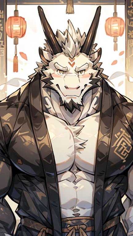 (white eastern dragon),furry,white mustache,big pecs,hearty males,muscular,black imperial robe,naked,adult,traditional_chinese_room,head portrait,hypnosis,Long medium length (slightly longer than chin )