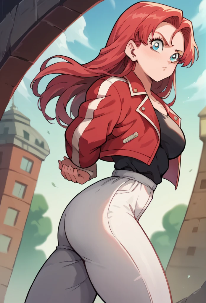 1 , Alone, long hair, red hair,high resolution, masterpiece, Anatomically correct, Necessary, high details, blue eyes,tight blouse , Black tank top,Red jacket, , white pants,thick thighs 