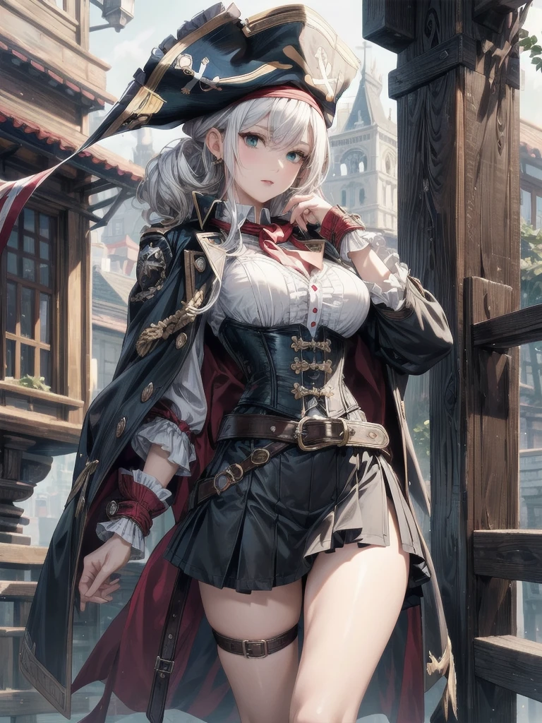 (Practical pirate clothing), Long-sleeved pirate top, Skirt, torn pirate hat, absurdres, RAW photo, extremely delicate and beautiful, masterpiece, Best Quality, ultra high resolution, 32k, hyperrealistic, ultra-detailed, detailed description, pale skin, 20 years old, tearful mole, earring, big tits, short medium hair, wavy hair, whole body shot,