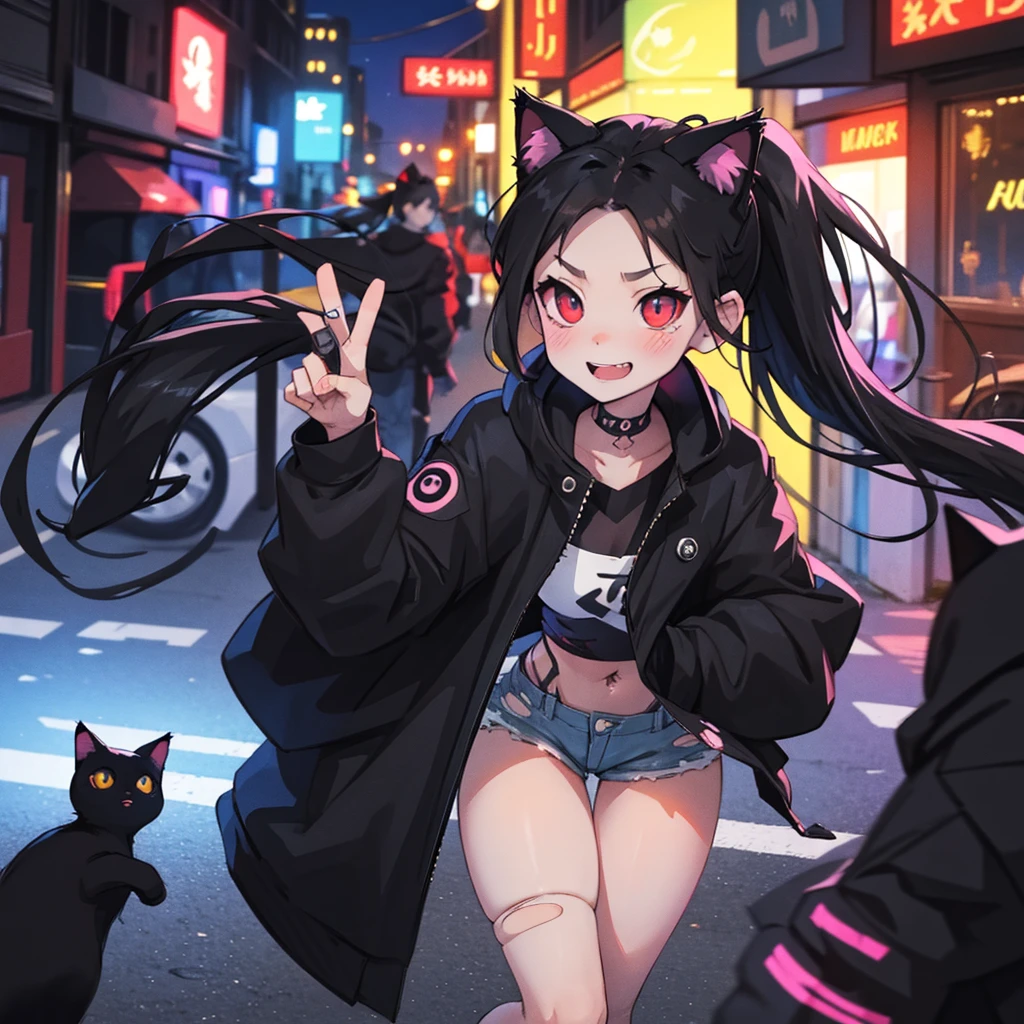 Alone,1 girl\(cute, kawaii, age 12,(mischievous smile),(black hair:1),(Long hair),(twin ponytail hair),pale skin, blue skin color, red eyes, eyes shining, (big eyes),([가슴:1.4),(Punk fashion:1.6),(torn clothes:1.5),(tight tube top),(tight hot pants),(stomach shown:0.6),(black ripped short jacket:1.4),(cute black cat with cat ears:1.2),(dynamic pose),(solution pose), spiral eyes, spiral eyes\), to break ,Bottom\(out, noisy city, secondary street, narrow street, neon lights, at night\), to break ,quality\(8k,extremely detailed CG unit wallpaper, masterpiece, high resolution, top-quality, top-quality real texture skin, Hyper realistic, Increase resolution, RAW photos, best quality, highly detailed, The wallpaper, Golden Ratio\),(close up:1.0),dynamic angle