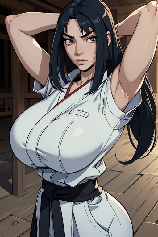 best quality, masterpiece, extremely detailed CG, extremely detailed 8K wallpaper, standing, HDR, 1girl, solo, outdoors, dojo, martial arts girl, dark Blue hair in a bob cut, cowboy shot, solo, looking at viewer, long hair, intricate details, hyper detailed, Beautiful Nose, Beautiful character design, facing viewer, huge breasts, slim waist, gigantic breasts, black eyes, wearing a white martial arts gi, wide eyes, Anime style, standing, pale skin, serious face, no expression, karate uniform, jet black eyes, arms at side, deadpan, standing up straight, facing viewer, sexy