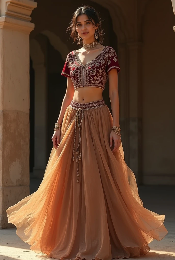 Rose Gold Sequin Striped Embroidered Lehenga Set With Blouse And Organza Dupatta.