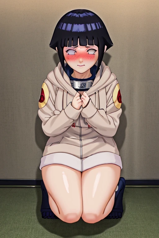 1 girl, Hinata Hyuga, short hair, white eyes, White hoodie, light skin, beautiful, blushing cheeks, big thighs, full body 