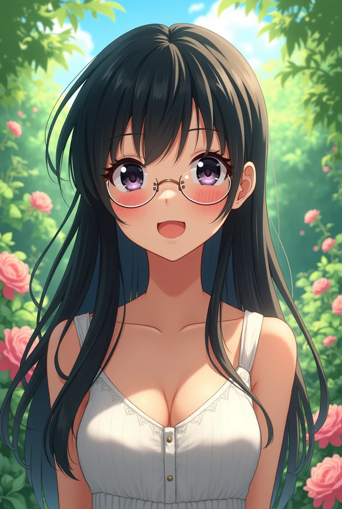 (Masterpiece: 1.2, Best Quality, Intricate Detail, Super Detail, Super High Quality, High Resolution, Best Shadow, Best Lighting, 4K) Kasen Tosu,
cleavage, nice hips, white cotton underwear, underwear, open legs, tall girl, Face: 1, glasses, kind smile, little sagging eyes, (long black hair), sunlight coming through the trees, warm lighting, colorful