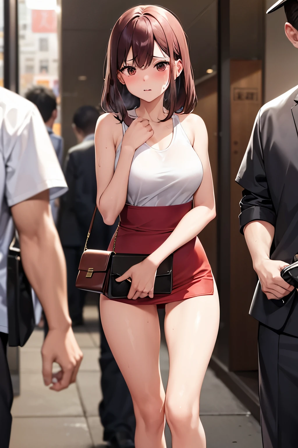Very red face, orgasm, Brown eyes, Standing, Embarrassment, sweat, Skinny body, Holding a handbag in both hands, 中サイズのchest, Long legs, Short waist, subway, 口を開けるsweat, Girl sexually assaulted by two muscular men, Man touching girl's cat, male touching girl'chest, A man undressing a girl, Jeans shorts zipper open, The front zipper of the pants is open, A very short, ripped white tank top, Bare shoulders, Pelvis only, Dark Brown Hair, Baseball cap, weak, Small pupils, Several people committed sexual violence, Jeans open in the front, Roomy jean shorts, (Photo composition: Photo on knee), Sexual violence offender, male'Hands on a girl's cat