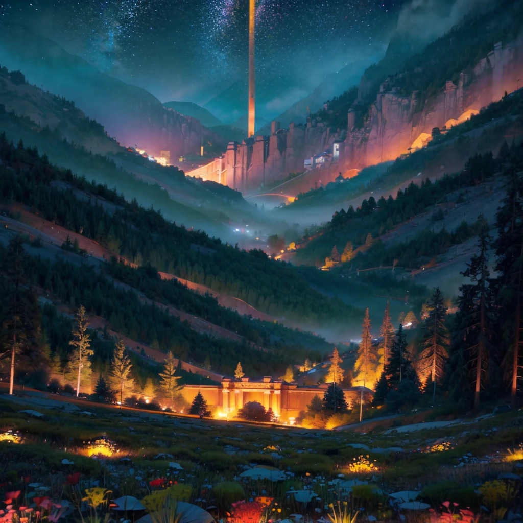 Night sky, millions of stars, bright stars, epic scene, viewed from high above, lit up city down in the valley, up close there is a large twmple with colossal columns, manmade square lake, vines and red flowers, yellow lighting, large lightbulbs, vibrant colors, defined lines, surreal, masterpiece, deserves to be in a museum