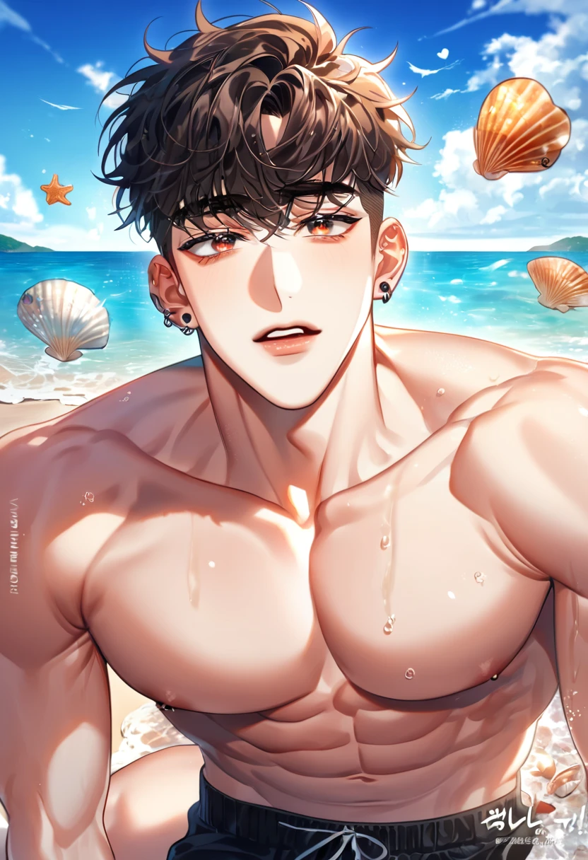 absurdres, highres, ultra detailed, HDR, master piece, best quality, detailed eyes, delicated features, Manhwa Style, Yae Jin, brown hair, messy hair, undercut hair, with bangs, expressive amber eyes, Love Jinx, solo, sexy man, handsome, sensual, adult face, ear piercings, black swimming trunks, sea, beach, blue sky, seashells, wet