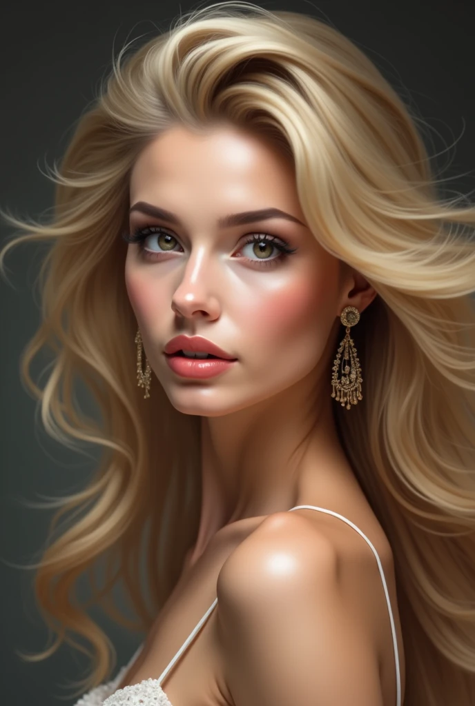 Blonde woman with long wavy hair and pink lipstick., Pintura digital sensual, Pintura digital brillante, Mujer rubia, Hermosa mujer rubia, cabello rubio suelto, in digital illustration style, airbrush digital oil painting, hermosa chica rubia, con cabello largo y rubio, Arte digital de un elegante, realistic digital illustration, Cabello largo y rubio y ojos grandes, cabello rubio suelto camara de frente, pechos enormes