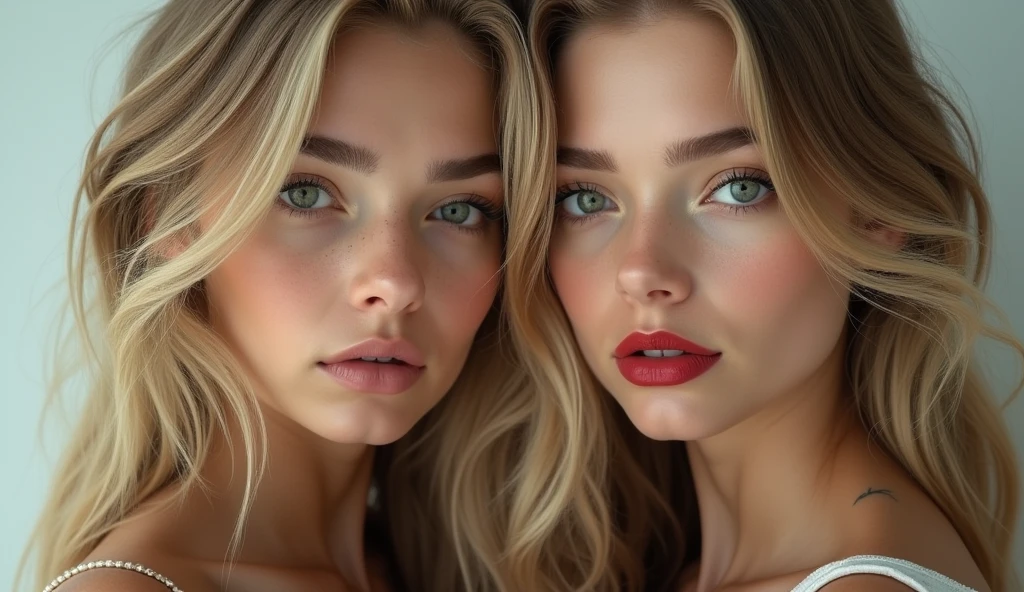 Young 2 Russian woman, high cheekbones, mysterious gaze, heart-shaped face, blue eyes, hunter eye shape, long eyelashes, full lips, small nose, blond straight hair.