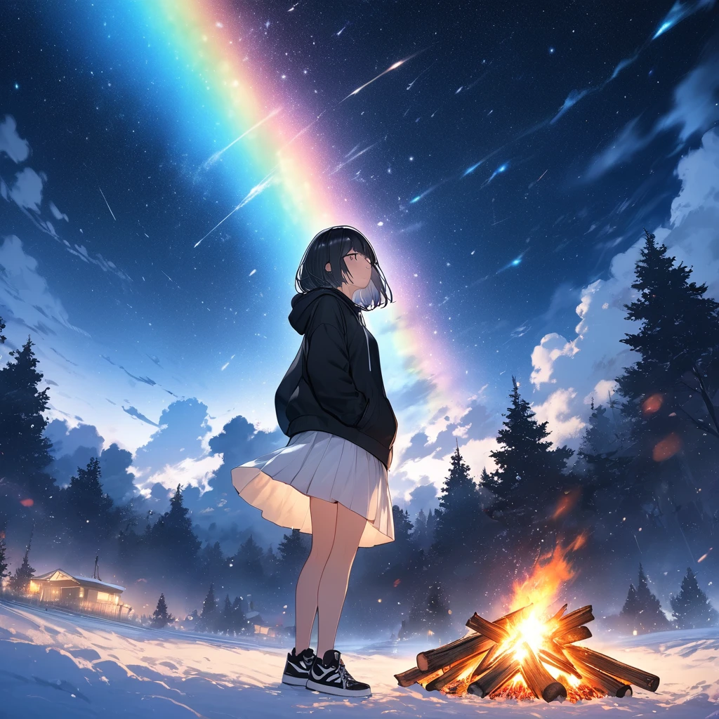 Girl having a bonfire,Stargazing,Black hoodie,White Skirt,Black sneakers,Very cold,winter,White breath comes out,Black Hair,Short Bob,Smoke rises into the sky,Pointing at the sky,Rainbow Sky,night,Meteor Shower,masterpiece,Best Quality,Exquisite,8k,Absurd,Ultra-detailed illustrations,(View your audience),Angle from below,View from afar