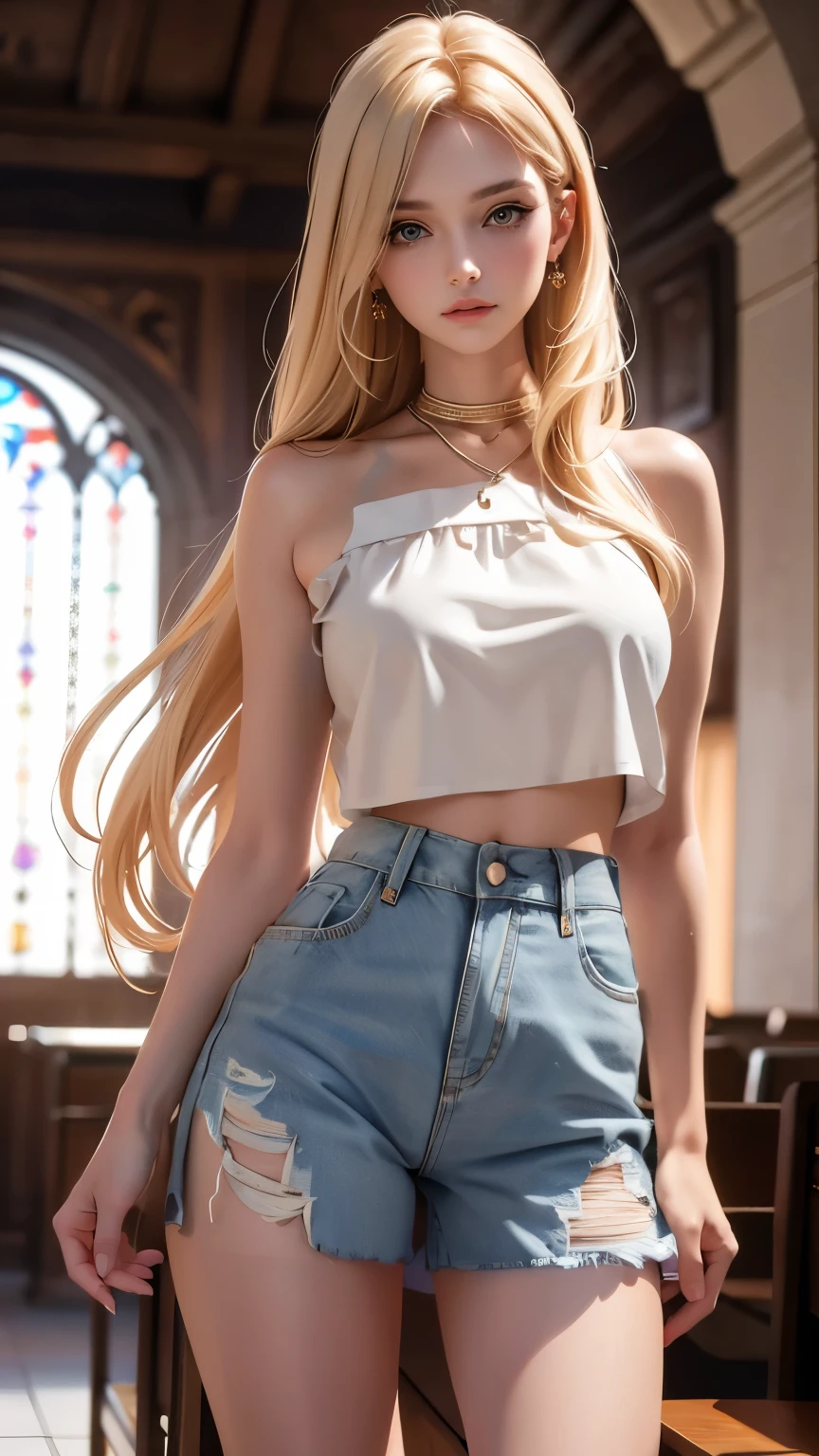 A white off-the-shoulder top, blue denim wide-leg pants, and beige platform sandals