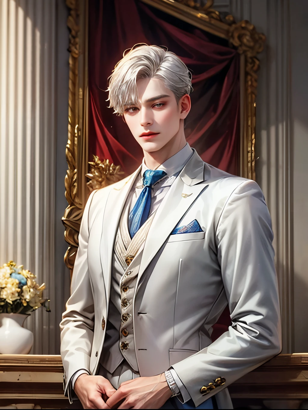 Solo,man with short and straight silver hair,purple eye color, white eyelashes, white and blue suit, HD, 8K QUALITY ,Royal,Noble