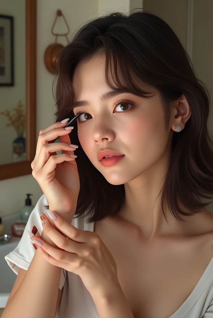 (8k、RAW photos、photorealistic:1.25)、(Lip Gloss、eyelash、Glossy face、Glossy skin、maximum quality、ultrahighres、Depth Of Field、Chromatic Aberration、Caustics、Broad lighting、natural shading、Kpop Idol)Calm and goddess-like happiness、titsjob、nipple,、Look at the viewer with your whole body、1 girl、Dark hair、Glossy skin、WET BODY、Dramatic Writing、full entire body、bitch、There is a woman brushing her hair with a brush、 Popular Korean Makeup、Korean Facial Features、 Young adorable Korean face、 Popular Korean Makeup、soft eyes and narrow chin、 Young cute asian face、 Young woman face、beautiful young korean woman、Young asian woman、a japanese woman