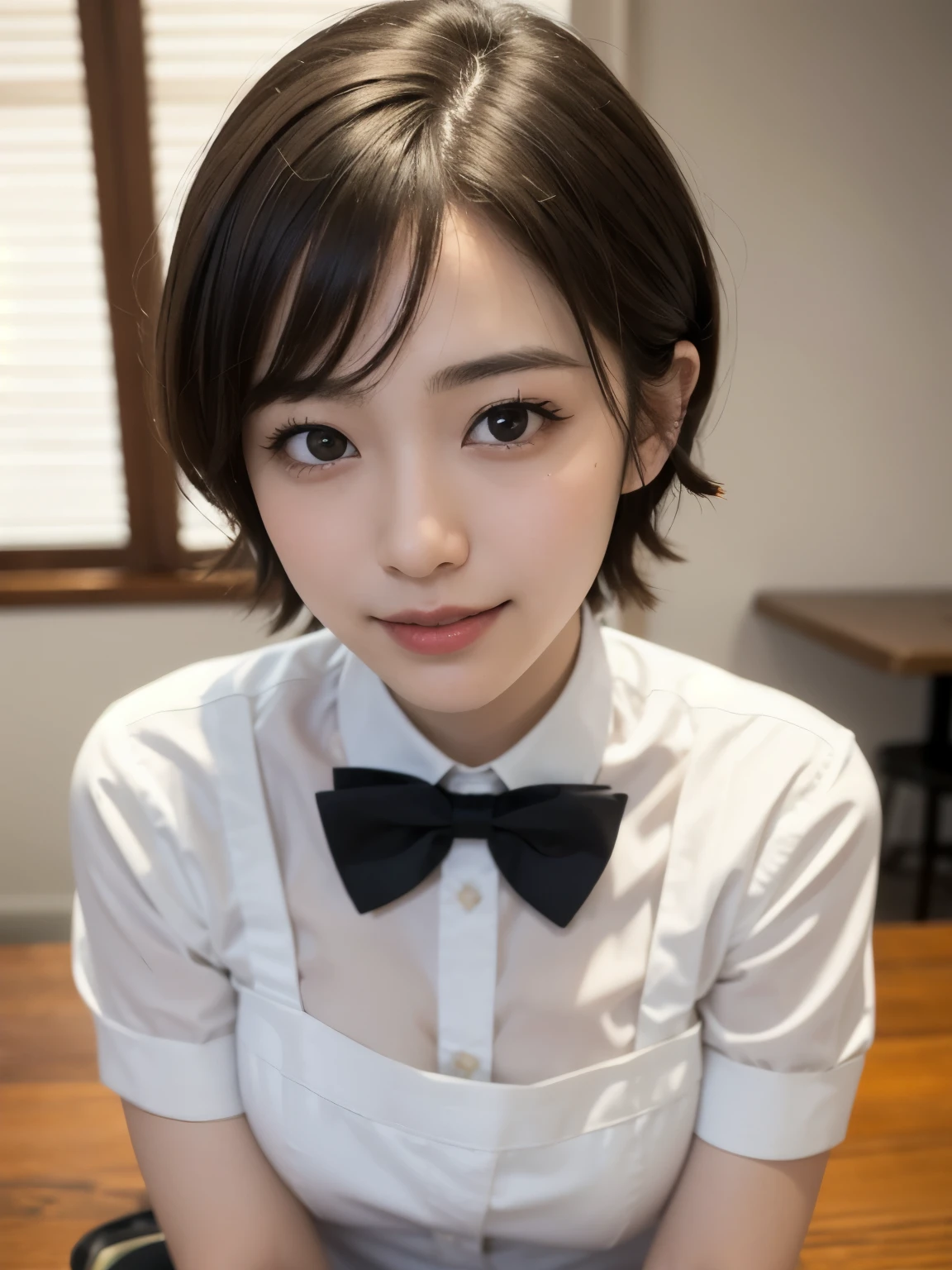 (8k, RAW photo, best quality, masterpiece:1.2), (realistic, photo-realistic:1.37), ultra-detailed,
1 girl,cute, solo,beautiful detailed sky,detailed cafe,night,sitting,dating,(nose blush),(smile:1.1),(closed mouth),large breasts, seductive smile, large aparture, professional lighting, Sony A7R4, Zessie 50mm F1.8,
medium breasts,beautiful detailed eyes,(collared shirt:1.1), bowtie,pleated skirt,(short hair:1.2),floating hair