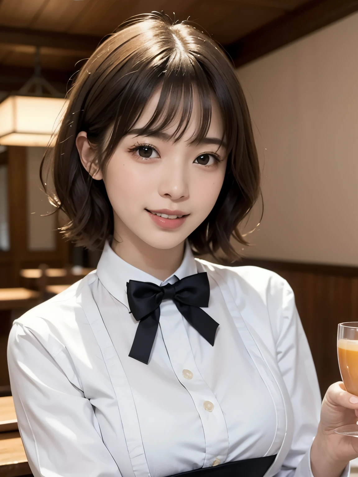8k, RAW Photos, Highest quality, Tabletop: 1.2), (Realistic, Photorealistic: 1.37), Very detailed, 1 high school girl, Super Beauty(Like the real thing), alone, Beautiful detailed sky, Detailed Coffee, night, Sitting in the store, (Big smile: 1.1), Long brown hair　Medium chest, Beautiful detailed eyes, (Collared shirt: 1.1), A bow tie, Pleated skirt, (short hair: 1.2), Long Hair, 　Beautiful expression　Ultra-high resolution,Ultra-Realistic Skin,masterpiece,Highest qualityのPhotorealisticなRAW Photos。Bright colors,Rich colors, Backlight, Cinema Lighting, Film Grain, 50mm lens, Nikon D850,Beautiful expression,Fantasy art,Character Art,View your viewers,Top view,,Accentuate your cleavage,