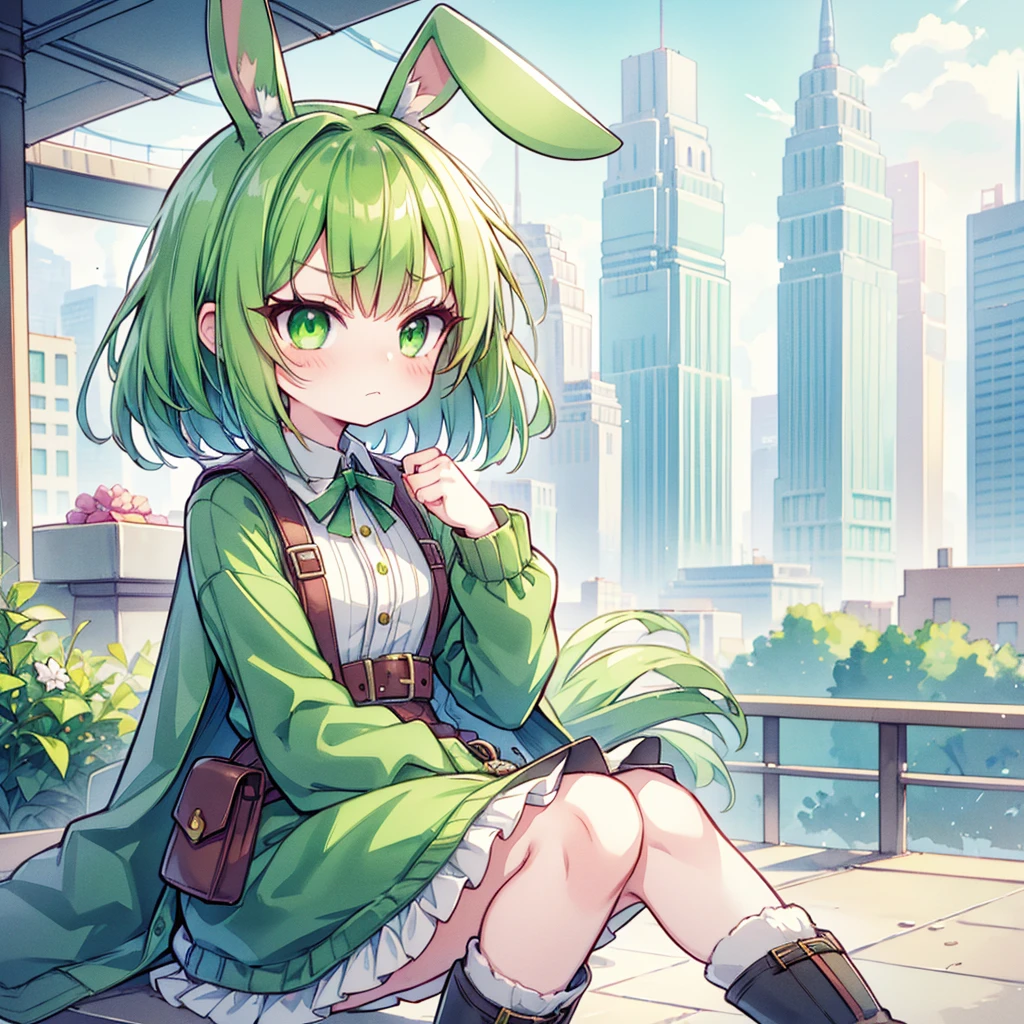 (long Green rabbit ears), green animal ears, (1 girl), green hair, green eyes, bob cut, thin eyebrows, frowning, flushed, sad, grumpy, shy, young, alone, Lolita, , child, shoverall, coat, long boots, red hood, wide pants, harness, fingerless globe, belt, waist pouch, in the city, tiny, baby facastel  cel anime, Solo, crouching