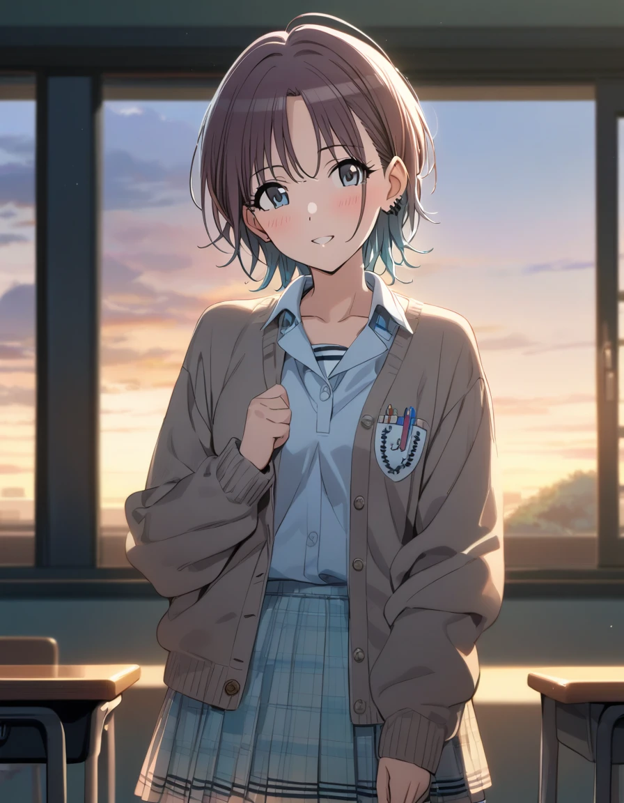 (masterpiece),(Highest quality),(Very detailed),(Best illustrations),(Best Shadow),(Absurd),(Detailed Background),(so beautiful), 
Official Style,

 asakura_toru,

the idolmaster shiny colors,
chest,
blush,

school uniform, Cardigan,

alone,
Japan,
classroom,
evening,
Sunset,
Background Blur, 
focus on face,
cowboy shot,