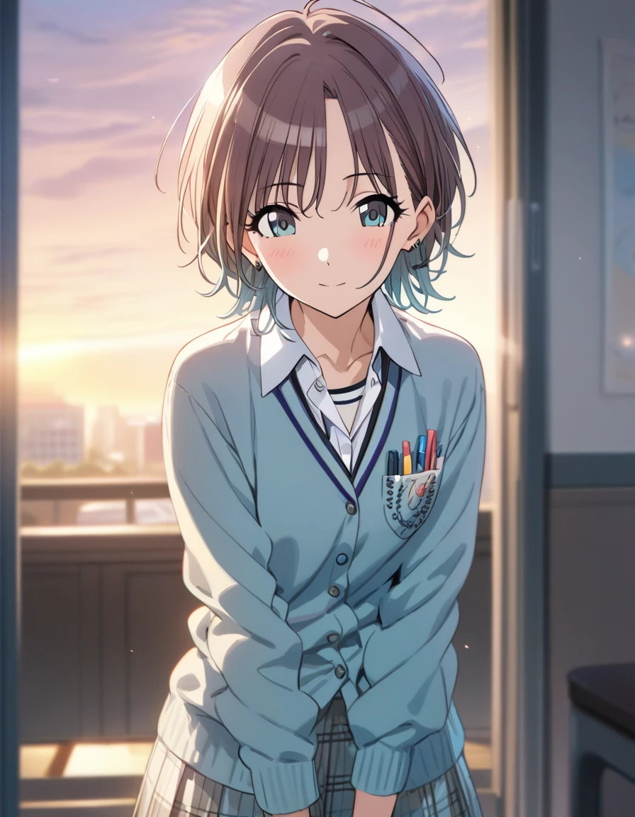 (masterpiece),(Highest quality),(Very detailed),(Best illustrations),(Best Shadow),(Absurd),(Detailed Background),(so beautiful), 
Official Style,

 asakura_toru,

the idolmaster shiny colors,
chest,
blush,

school uniform, Cardigan,

alone,
Japan,
classroom,
evening,
Sunset,
Background Blur, 
focus on face,
cowboy shot,