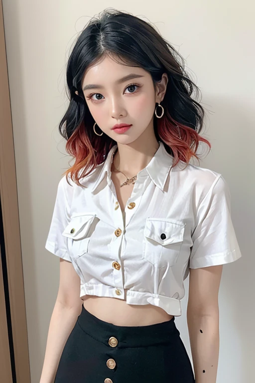 Top quality, RAW Photo, Highest Quality Image, 16K, Full body, Age 22, Realistic, Photorealistic,  Beautiful Asian woman, Sexy, body, White pale skin, ((( Multicolor Hair ))), ((( Short and wavy hairstyle ))), Modern hairstyles, Detailed face, Detailed body, Detailed skin, Double eyelids, Very Big eyes, long eyelashes, bright eyes, green eyes, natural lips, detailed lips, ((( Very Small breasts, Flat Breasts ))), posing in bedroom studio, sunny day light,  ((( wearing White Short sleeves Shirt, black short skirt ))),  ((( All Buttons are Unbuttoned ))), no bra, ((( piercings ))), ((( piercing bellybutton with jewelry )))