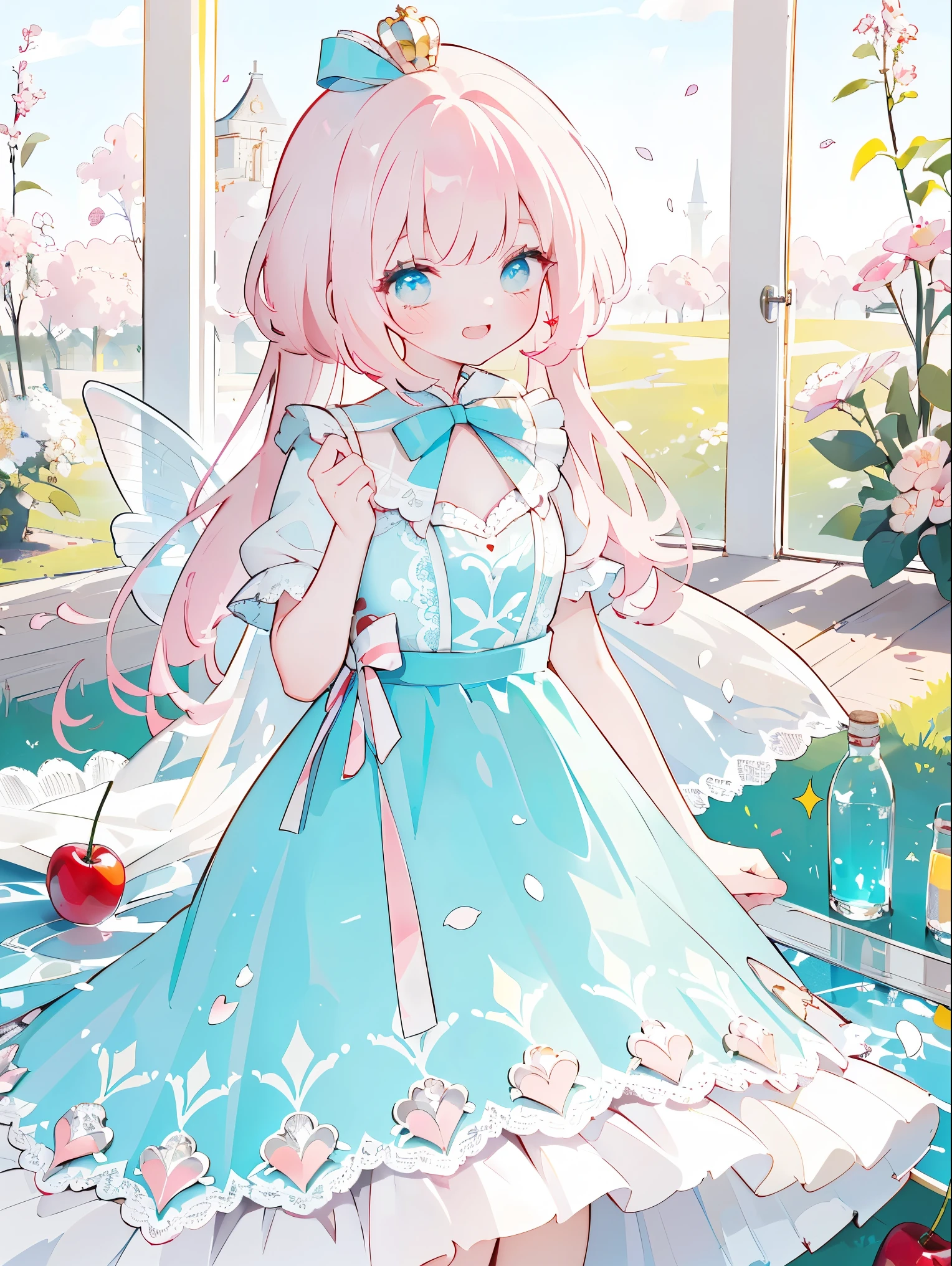 (masterpiece), (best quality), cherry girl，Smile，fairy tale world,Alice in Wonderland,，White，pink，yellow，blue dress(cherry pattern，lace)，long hair，lively
