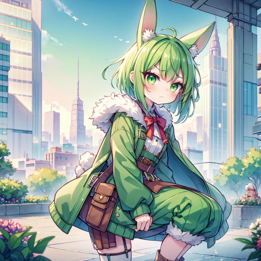 (long Green rabbit ears), green animal ears, (1 girl), green hair, green eyes, bob cut, thin eyebrows, frowning, flushed, sad, grumpy, shy, young, alone, ****ta, childhood, child, short, overall, coat, long boots, red hood, wide pants, harness, fingerless globe, belt, waist pouch, in the city, tiny, baby face, pastel academia, cel anime, Solo, crouching