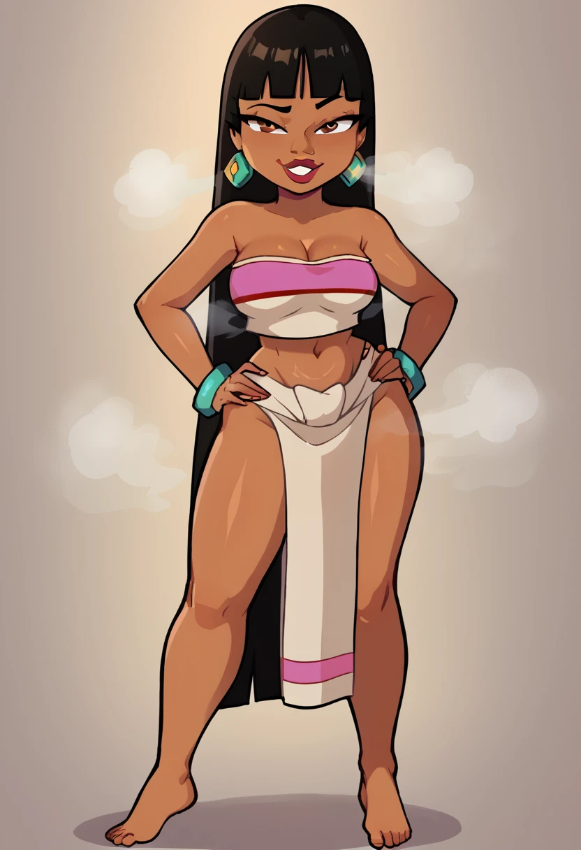 nsfw, +18, chel,   black hair, long hair, blunt bangs, brown eyes, dark skin, lipstick, top, cleavage, white loincloth, earrings, smug, steam, 1girl, solo, standing, no background,  full body, 