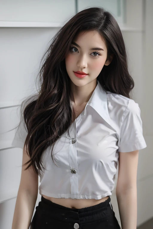 Top quality, RAW Photo, Highest Quality Image, 16K, Full body, Age 22, Realistic, Photorealistic,  Beautiful Asian woman, Sexy, body, White pale skin, ((( Multicolor Hair ))), ((( Short and wavy hairstyle ))), Modern hairstyles, Detailed face, Detailed body, Detailed skin, Double eyelids, Very Big eyes, long eyelashes, bright eyes, green eyes, natural lips, detailed lips, ((( Very Small breasts, Flat Breasts ))), posing in bedroom studio, sunny day light,  ((( wearing White Short sleeves Shirt, black short skirt ))),  ((( All Buttons are Unbuttoned ))), no bra, ((( piercings ))), ((( piercing bellybutton with jewelry )))