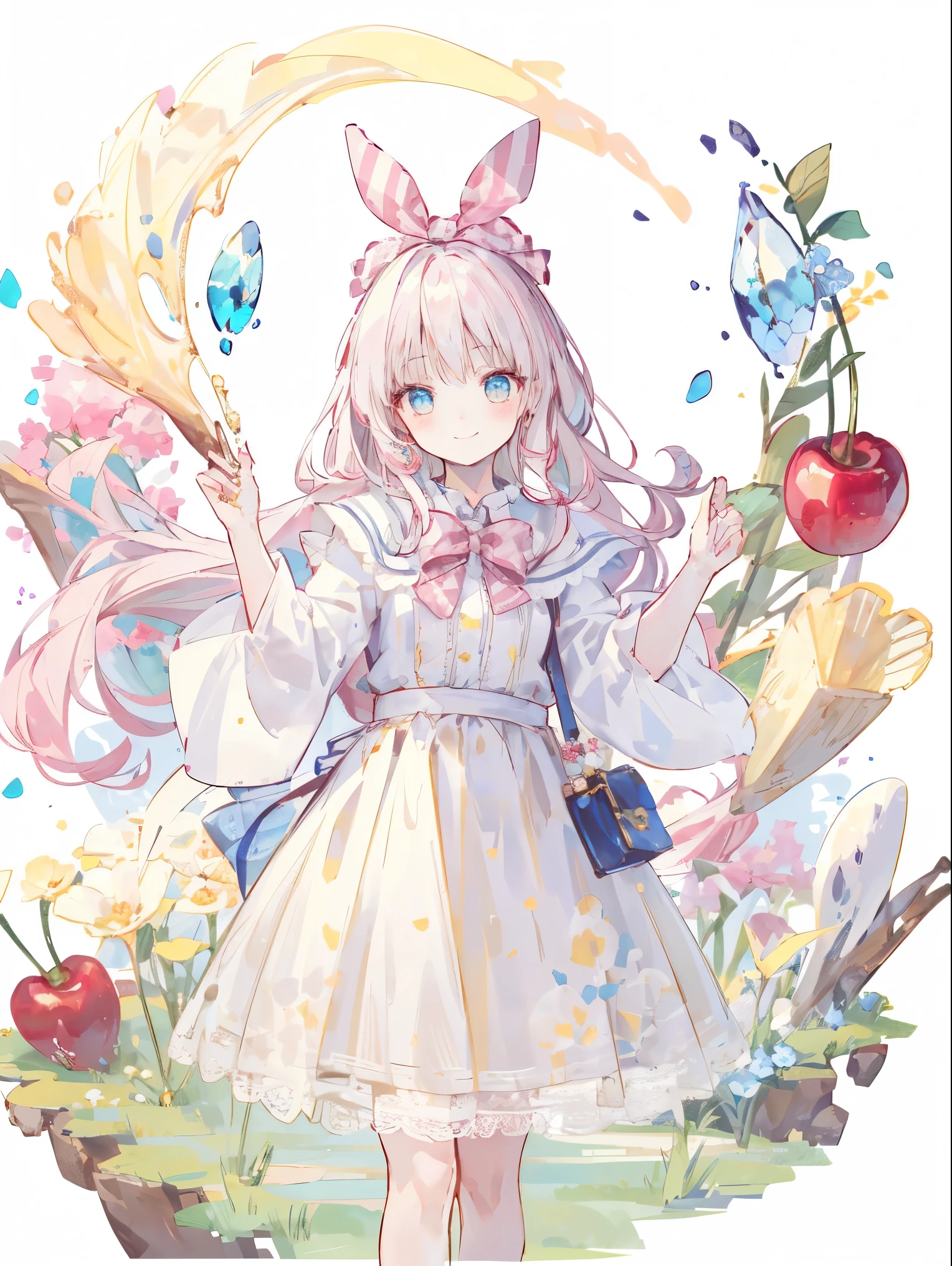 (masterpiece), (best quality), cherry girl，Smile，fairy tale world,Alice in Wonderland,，White，pink，yellow，blue dress(cherry pattern，lace)，long hair，lively