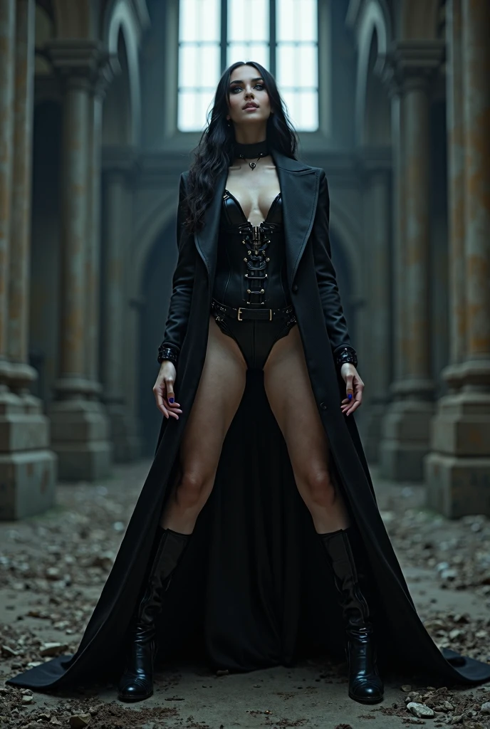 ((21-year-old))), black girl, (((light skin))), (((full body pose))),  (((long curly black hair))), (((wearing tight chainmail micromini skirt, chainmail bra, open front cloak))), (((seamless black, pantyhose))), (((submissive))), (((metal choker))), (((post apocalyptic scene))), dark fantasy, Rich, Deep Colours, (intricate details:0.9), (HDR, hyper-detailing:1.2), (natural skin textures, hyper realisitc, glistening skin, soft light, Sharp),