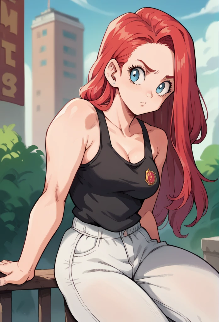 1 , Alone, long hair, red hair,high resolution, masterpiece, Anatomically correct, Necessary, high details, blue eyes, on the School, Black tank top , white pants,thick thighs 