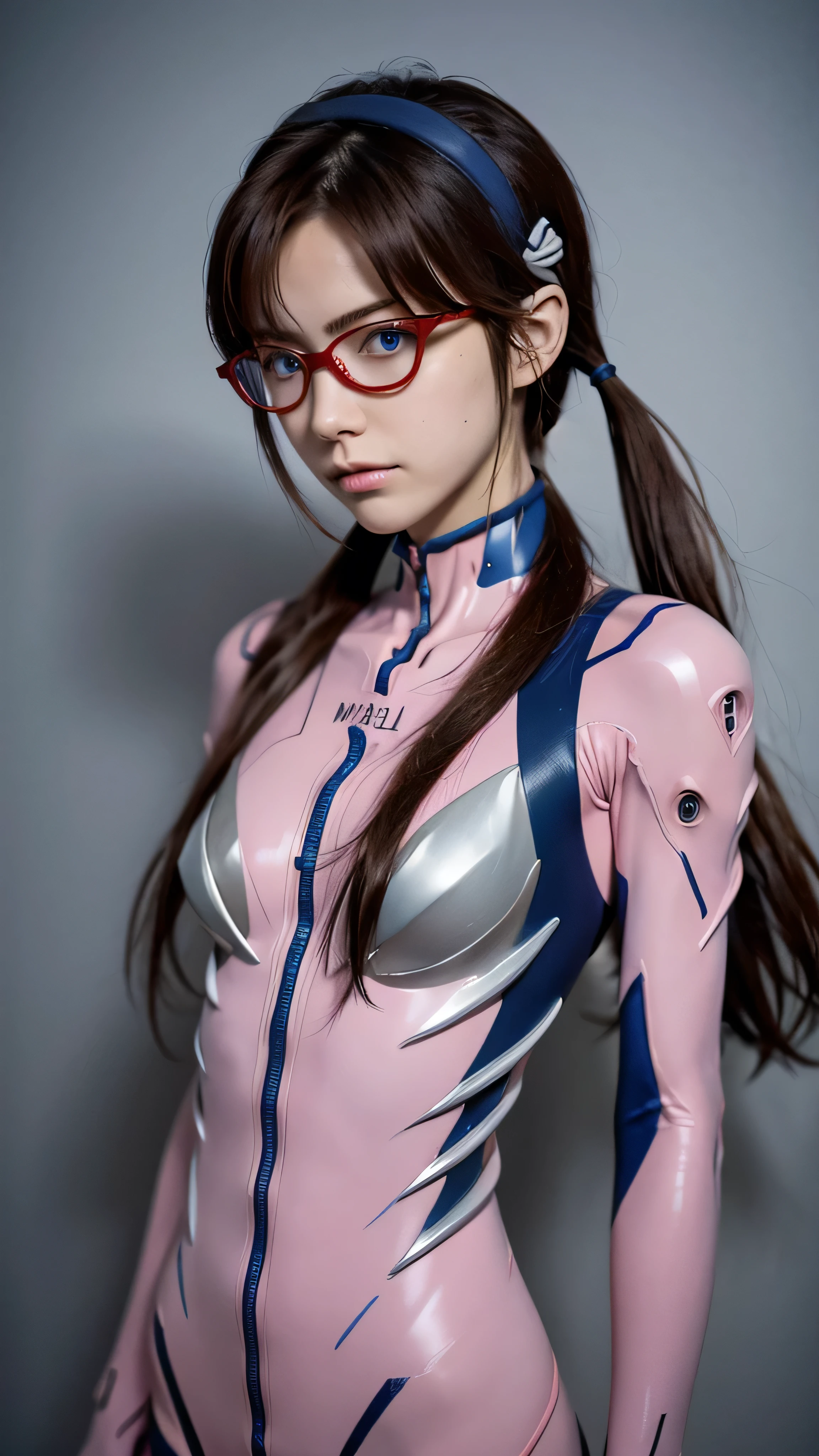 Mari Illustrious , Neon Genesis EVANGELION , Small red rectangular glasses , Brown Hair , Tie your hair on both sides , Mari Makinami, blue eyes, Brown Hair, Glasses, Headband Blue, Twin tails,Bodysuits, ピンクのBodysuits,Plug Suit