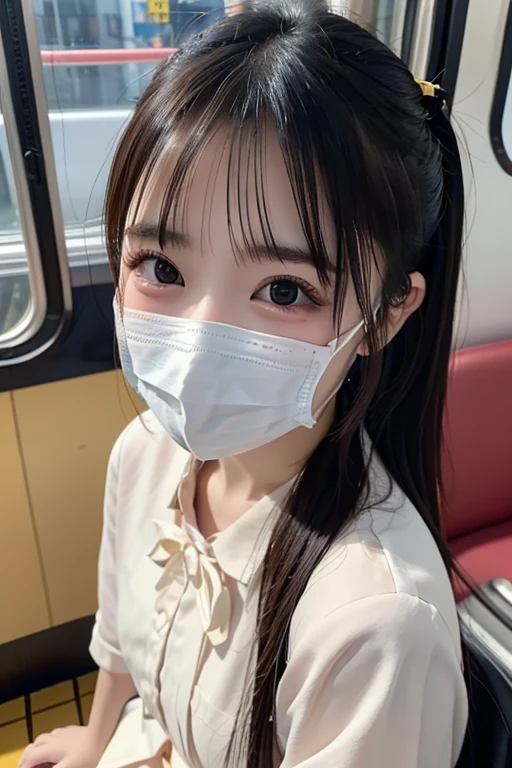 masterpiece、Japanese、1 girl、Standing on the train、Selfie taken from above、cute、happy、Uniform、 Ultra HD, , Slanted Eyes, Wearing a white mask, realism, Surrealism, Both sides up, Low ponytail, 