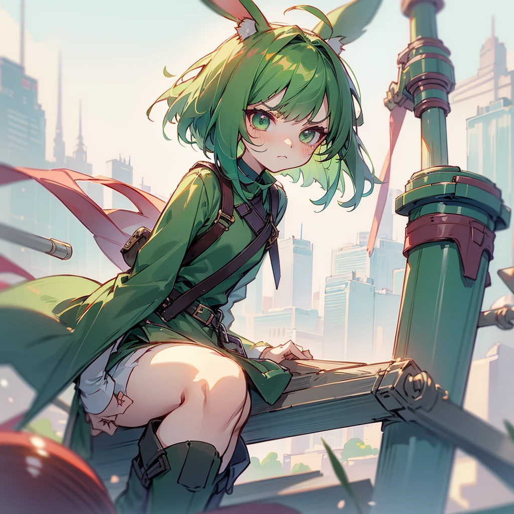 (long Green rabbit ears), green animal ears, (1 girl), green hair, green eyes, bob cut, thin eyebrows, frowning, flushed, sad, grumpy, shy, young, alone, Lolita, , child, shoverall, coat, long boots, red hood, wide pants, harness, fingerless globe, belt, waist pouch, in the city, tiny, baby facastel  cel anime, Solo, crouching