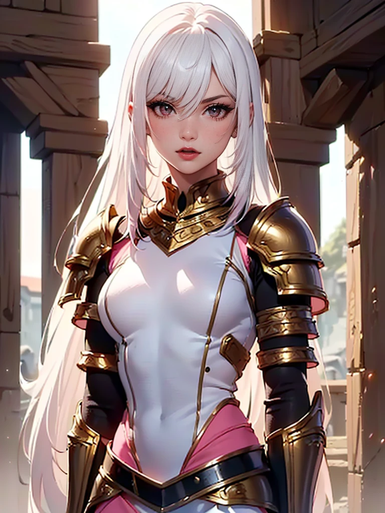 ((1girl, solo, alone, Ninym, white hair, red eyes, hair ornament, small breasts, long hair, fitness)), ((solo, (1woman, pink lipstick), Extremely detailed, ambient soft lighting, 4k, perfect eyes, a perfect face, perfect lighting, a 1girl)), (( gladiator armor, medieval armor, fantasy armor )) Fantasy rpg inspiration, full body