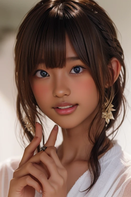 (Ultra-realistic), ((Detailed full body)), ((Classroom after school:1.2)), ((Sunburned skin)), (High resolution), (8K quality), (Very detailed), (Best illustrations), (Beautiful detailed eyes), (Highest quality), (Super detailed), (masterpiece), (wallpaper), (Detail face), ((Plump body))、17 years old、Light brown fringe short hair、Droopy eyes,A sloppy smile、Sweaty,solo,Micro Bikini, Japanese, High School Girl, Huge