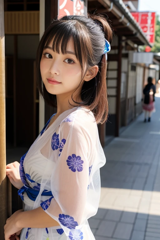 Mini yukata, sitting pose, looking at camera, beautiful girl, bright smile, summer, outside the house, alley, tying hair, Japanese.