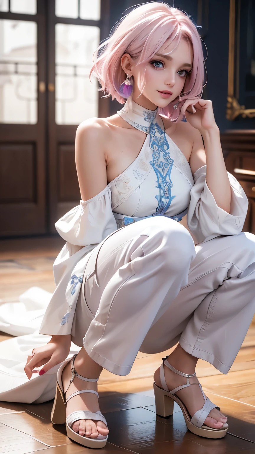 (masterpiece, Best Quality), Intricate details, thin, ((slim)), beautiful girl, Light pink hair, White skin, Light purple eyes, Sharp jawline, Messy Hair, lips, Upper Body, close, Grin, A white off-the-shoulder top, blue denim wide-leg pants, and beige platform sandals