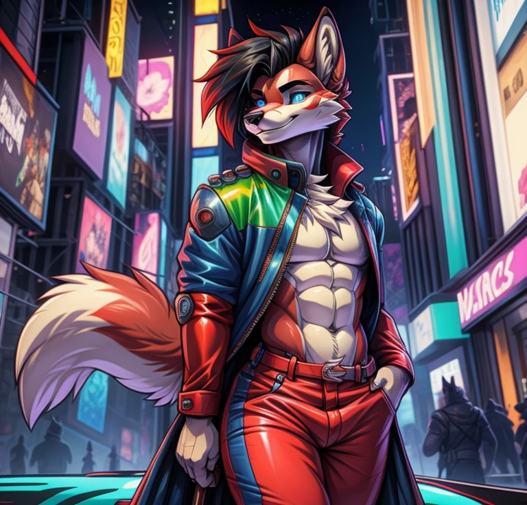 Best quality, Super detailed illustration, cartoon illustration, a furry male wolf, male, blue eyes, village clothing, detailed face and body, disheveled thick black hair, dark red fur, two-tone dark red fur, red wolf tail, blue and yellow striped leather coat, red pants, smug smile, beautifully detailed eyes, against the background of Times Square in the cyberpunk era, retrowave, skinny, wide hips, style