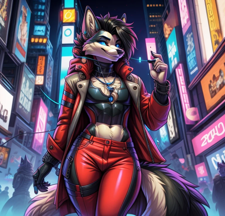 Best quality, Super detailed illustration, cartoon illustration, a furry male wolf, male, blue eyes, village clothing, detailed face and body, disheveled thick black hair, dark red fur, two-tone dark red fur, red wolf tail, blue and yellow striped leather coat, red pants, smug smile, beautifully detailed eyes, against the background of Times Square in the cyberpunk era, retrowave, skinny, wide hips, style